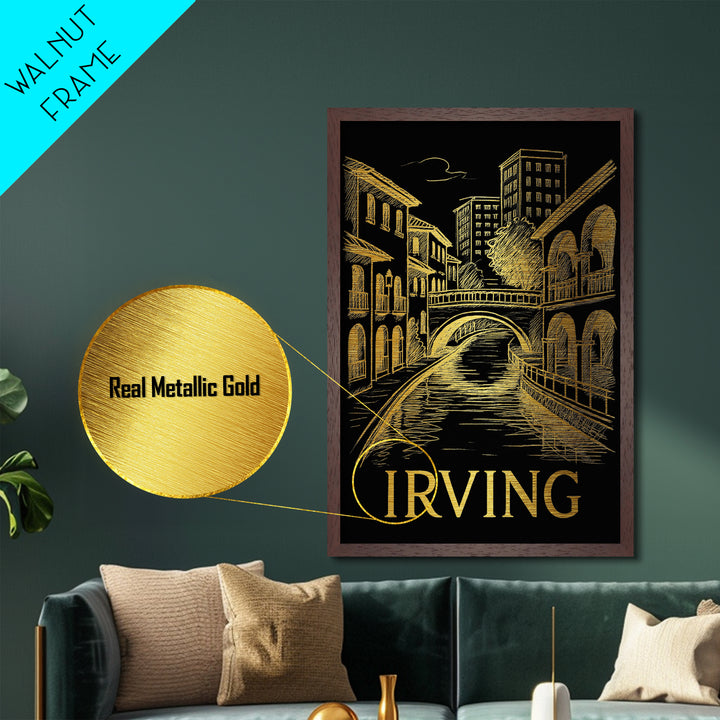Irving Texas art, Metallic Gold Art, Housewarming Gift, Metal Art, Wood Framed Art, Newlywed Travel Gift, Honeymoon Gift