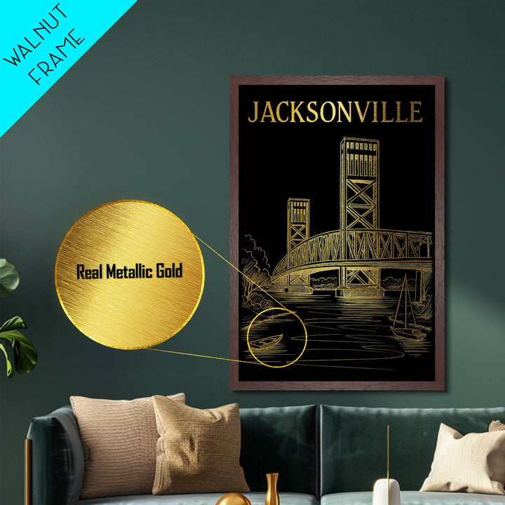 Jacksonville Florida travel, Metallic Gold Print, Modern House Art, Metal Art, Wood Framed Art, Wanderlust Gift, Travel Art Prints
