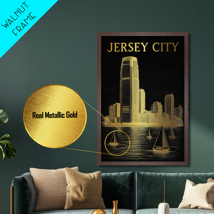 Jersey City New Jersey travel, Metallic Gold Print, Modern House Art, Metal Art, Wood Framed Art, Traveler Gift, Destination Gift