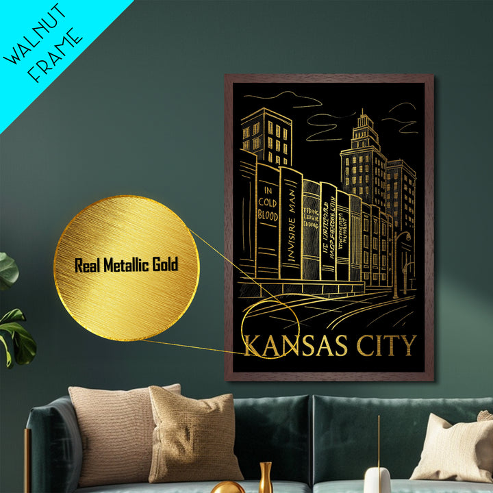 Kansas City Kansas art, Metallic Gold Art, Travel Art Prints, Metal Art, Wood Framed Art, Adventure Lover Gift, Traveler Gift