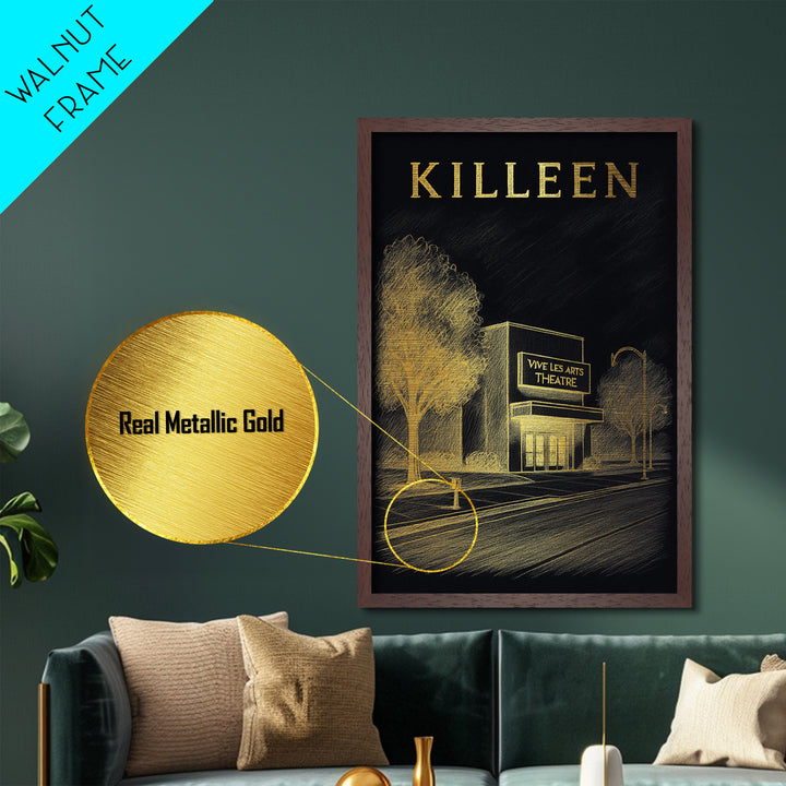 Killeen Texas travel, Metallic Gold Print, College Dorm Décor, Metal Art, Wood Framed Art, Graduation Travel Gift, Traveler Gift