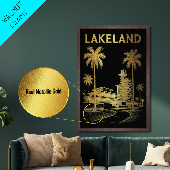 Lakeland Florida travel, Metallic Gold Print, Modern House Art, Metal Art, Wood Framed Art, Wanderlust Gift, Travel Art Prints