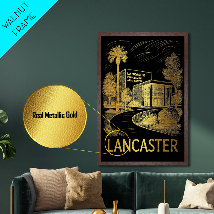 Lancaster California art, Metallic Gold Art, Housewarming Gift, Metal Art, Wood Framed Art, Newlywed Travel Gift, Honeymoon Gift