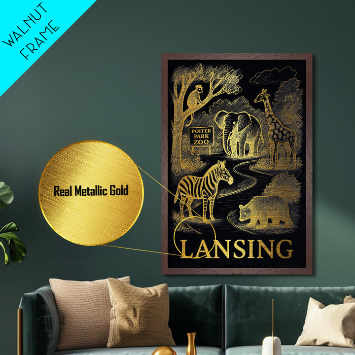 Lansing Michigan art, Metallic Gold Art, Office Decor, Metal Art, Wood Framed Art, Graduation Travel Gift, Destination Gift