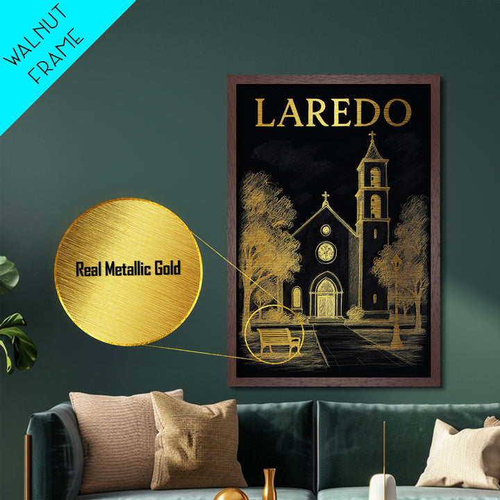 Laredo Texas travel, Metallic Gold Print, Modern House Art, Metal Art, Wood Framed Art, Wanderlust Gift, Travel Art Prints