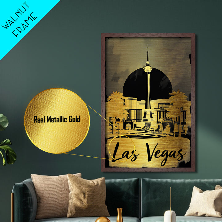Las Vegas Nevada travel, Metallic Gold Print, College Dorm Décor, Metal Art, Wood Framed Art, Graduation Travel Gift, Traveler Gift