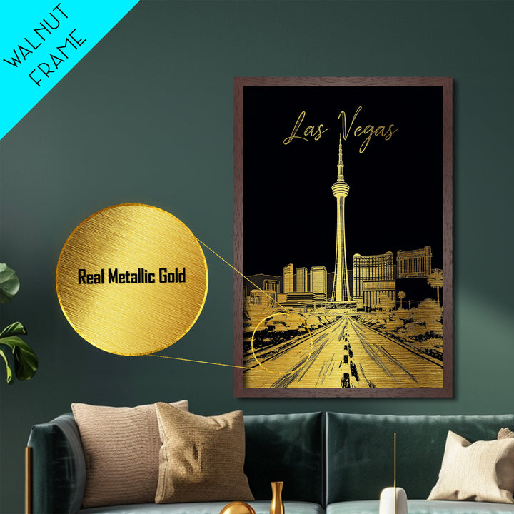 Las Vegas Nevada art, Metallic Gold Art, Best Friend Gifts, Metal Art, Wood Framed Art, Birthday Travel Gift, Destination Gift