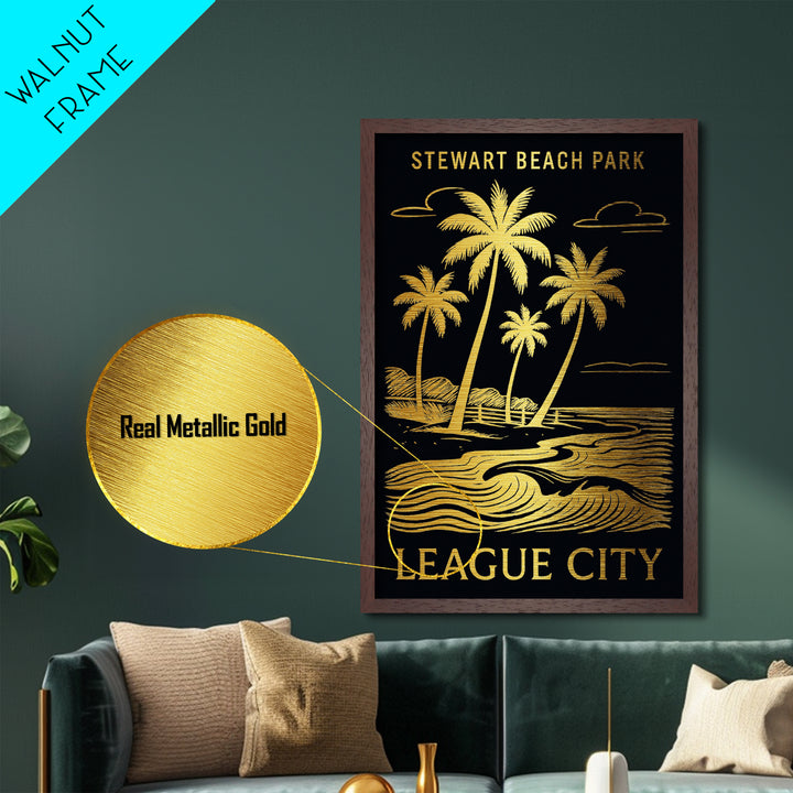 League City Texas art, Metallic Gold Art, Office Decor, Metal Art, Wood Framed Art, Graduation Travel Gift, Destination Gift