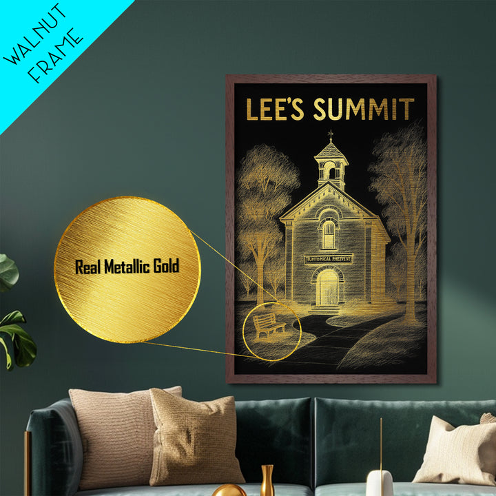 Lee’s Summit Missouri travel, Metallic Gold Print, Modern House Art, Metal Art, Wood Framed Art, Wanderlust Gift, Travel Art Prints