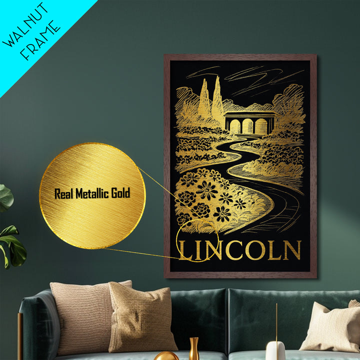 Lincoln Nebraska art, Metallic Gold Art, Housewarming Gift, Metal Art, Wood Framed Art, Newlywed Travel Gift, Honeymoon Gift