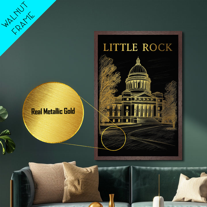 Little Rock Arkansas travel, Metallic Gold Print, Closing Gift, Metal Art, Wood Framed Art, Anniversary Travel Gift, Retirement Travel Gift