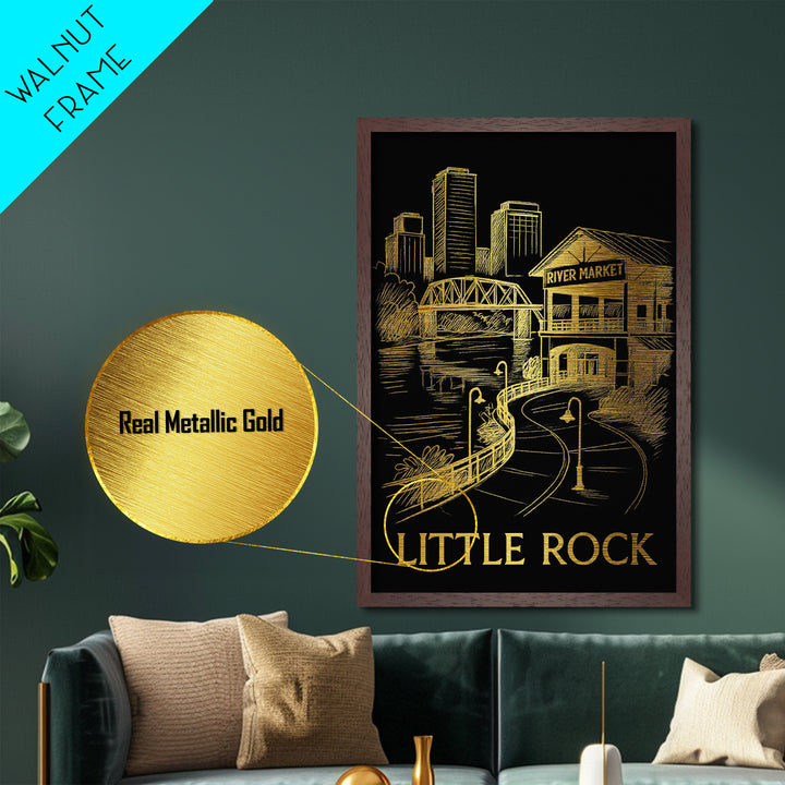 Little Rock Arkansas art, Metallic Gold Art, Office Decor, Metal Art, Wood Framed Art, Graduation Travel Gift, Destination Gift