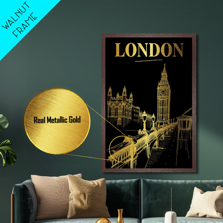 London travel, Metallic Gold Print, Modern House Art, Metal Art, Wood Framed Art, Best Friend Gifts, Wanderlust Gift