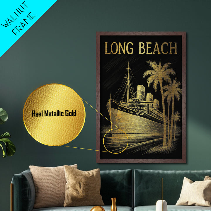 Long Beach California travel, Metallic Gold Print, Modern House Art, Metal Art, Wood Framed Art, Traveler Gift, Destination Gift
