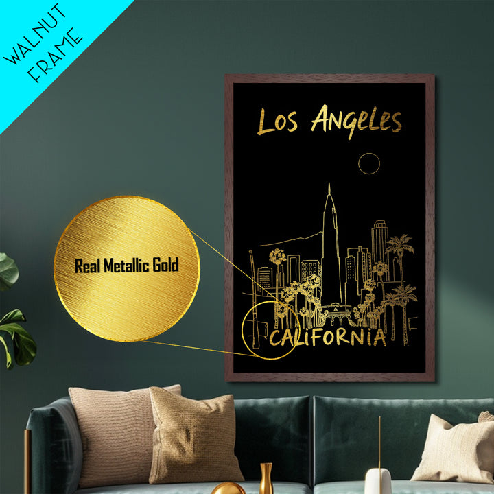Los Angeles California travel, Metallic Gold Print, College Dorm Décor, Metal Art, Wood Framed Art, Graduation Travel Gift, Traveler Gift