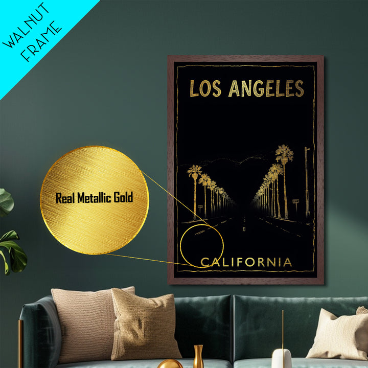 Los Angeles California travel, Metallic Gold Print, Modern Skyline Wall Print, Metal Art, Wood Framed Art, Adventure Lover Gift, Travel Gift