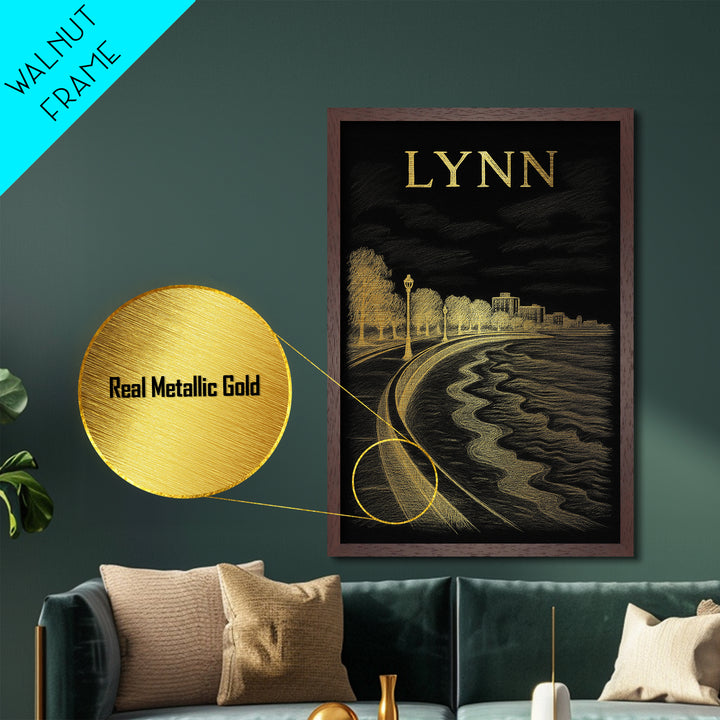 Lynn Massachusetts art, Metallic Gold Art, Modern Skyline Wall Print, Metal Art, Wood Framed Art, Adventure Lover Gift