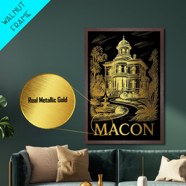 Macon Georgia art, Metallic Gold Art, Office Decor, Metal Art, Wood Framed Art, Graduation Travel Gift