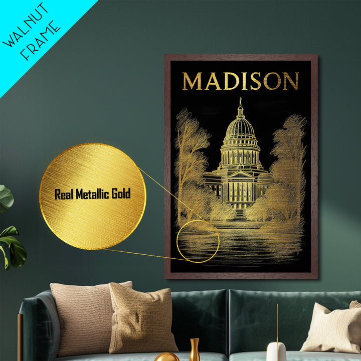 Madison Wisconsin travel, Metallic Gold Print, Modern House Art, Metal Art, Wood Framed Art, Wanderlust Gift
