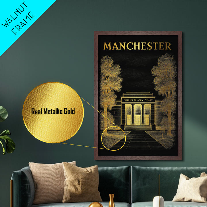 Manchester New Hampshire travel, Metallic Gold Print, Modern House Art, Metal Art, Wood Framed Art, Traveler Gift