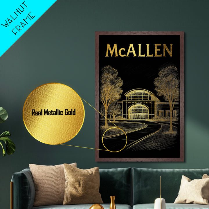 McAllen Texas travel, Metallic Gold Print, College Dorm Décor, Metal Art, Wood Framed Art, Graduation Travel Gift