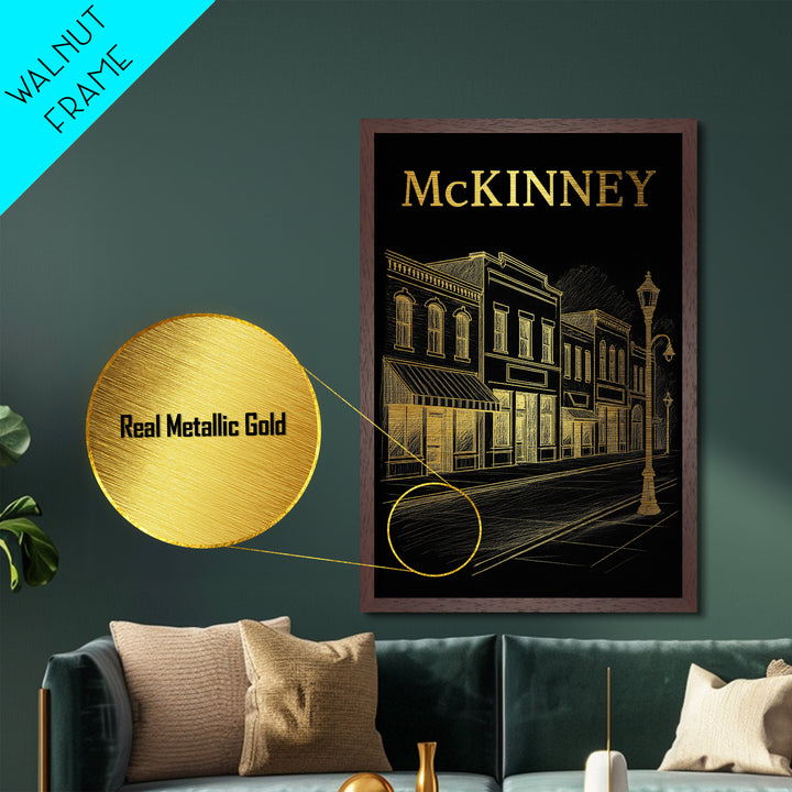 McKinney Texas travel, Metallic Gold Print, Modern Skyline Wall Print, Metal Art, Wood Framed Art, Adventure Lover Gift