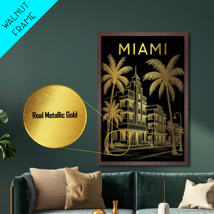 Miami Florida travel, Metallic Gold Print, Closing Gift, Metal Art, Wood Framed Art, Anniversary Travel Gift