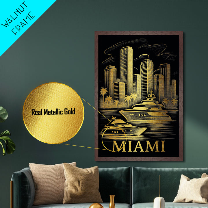 Miami Florida art, Metallic Gold Art, Office Decor, Metal Art, Wood Framed Art, Graduation Travel Gift