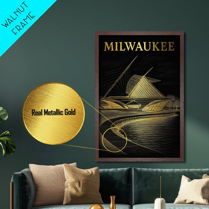 Milwaukee Wisconsin travel, Metallic Gold Print, College Dorm Décor, Metal Art, Wood Framed Art, Graduation Travel Gift