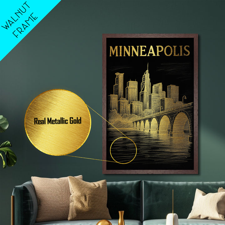 Minneapolis Minnesota travel, Metallic Gold Print, Modern Skyline Wall Print, Metal Art, Wood Framed Art, Adventure Lover Gift