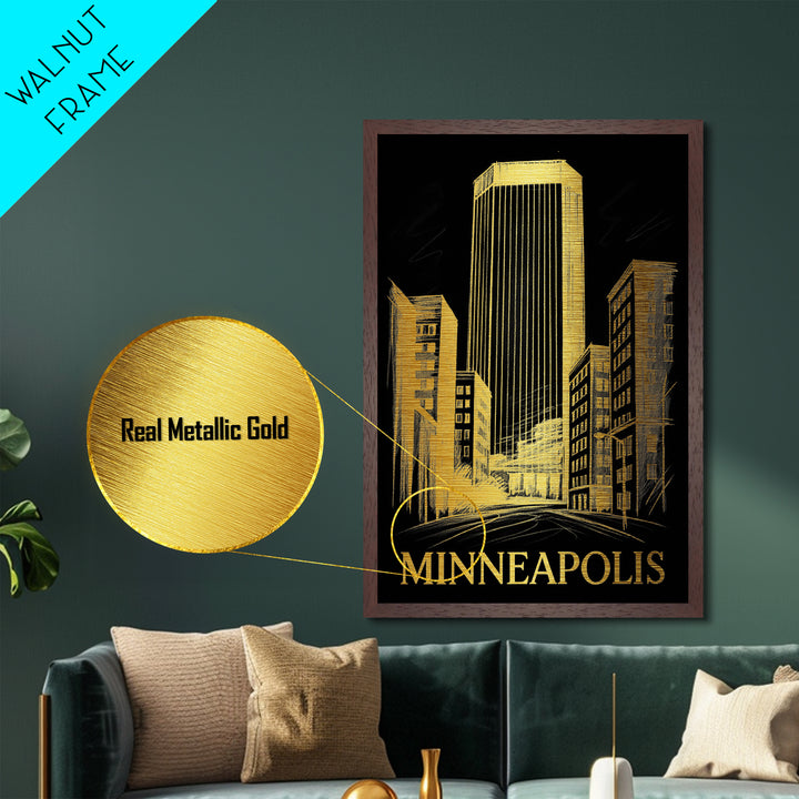 Minneapolis Minnesota art, Metallic Gold Art, Housewarming Gift, Metal Art, Wood Framed Art, Newlywed Travel Gift