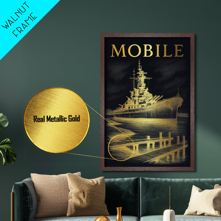 Mobile Alabama travel, Metallic Gold Print, Modern House Art, Metal Art, Wood Framed Art, Wanderlust Gift