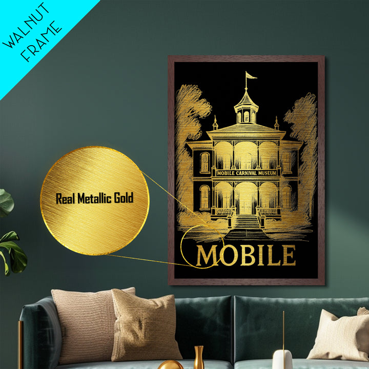 Mobile Alabama art, Metallic Gold Art, Travel Art Prints, Metal Art, Wood Framed Art, Adventure Lover Gift