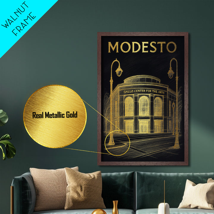 Modesto California travel, Metallic Gold Print, Modern House Art, Metal Art, Wood Framed Art, Traveler Gift