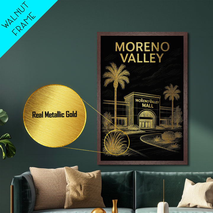 Moreno Valley California travel, Metallic Gold Print, Modern Skyline Wall Print, Metal Art, Wood Framed Art, Adventure Lover Gift