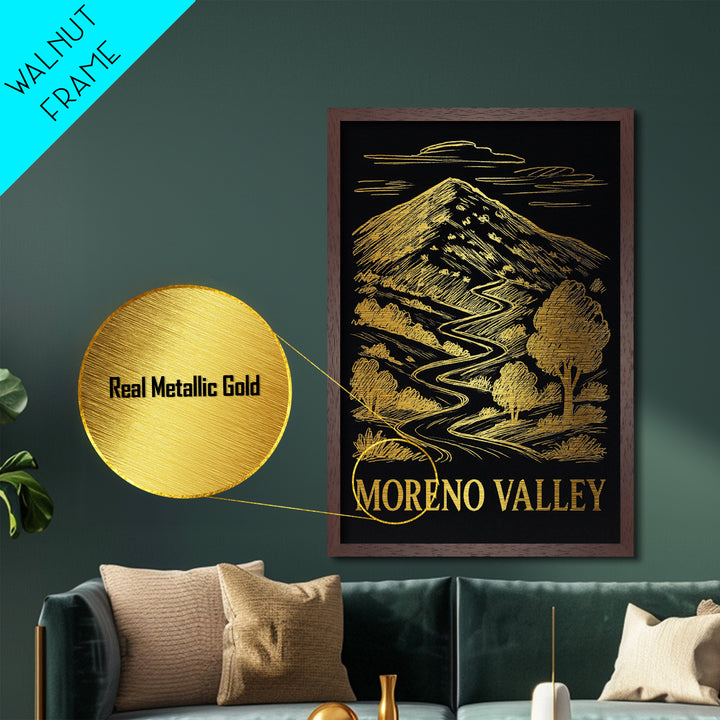 Moreno Valley California art, Metallic Gold Art, Housewarming Gift, Metal Art, Wood Framed Art, Newlywed Travel Gift
