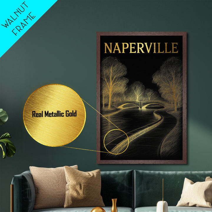 Naperville Illinois travel, Metallic Gold Print, College Dorm Décor, Metal Art, Wood Framed Art, Graduation Travel Gift, Traveler Gift