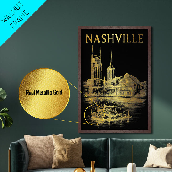 Nashville Tennessee travel, Metallic Gold Print, Modern Skyline Wall Print, Metal Art, Wood Framed Art, Adventure Lover Gift, Travel Gift