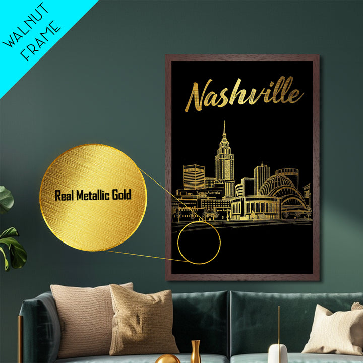 Nashville Tennessee art, Metallic Gold Art, Housewarming Gift, Metal Art, Wood Framed Art, Newlywed Travel Gift, Honeymoon Gift