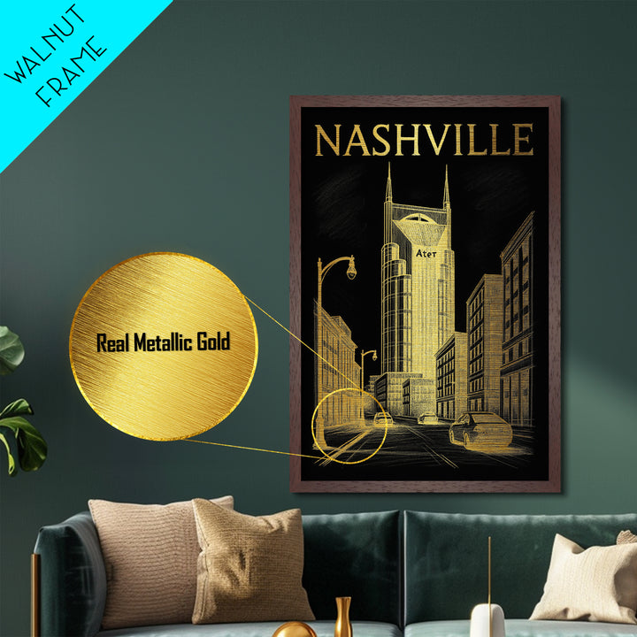 Nashville Tennessee travel, Metallic Gold Print, Closing Gift, Metal Art, Wood Framed Art, Anniversary Travel Gift, Retirement Travel Gift