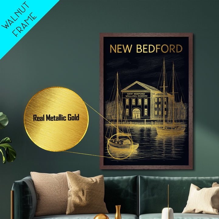 New Bedford Massachusetts art, Metallic Gold Art, Modern House Art, Metal Art, Wood Framed Art, Graduation Travel Gift, Travel Gift