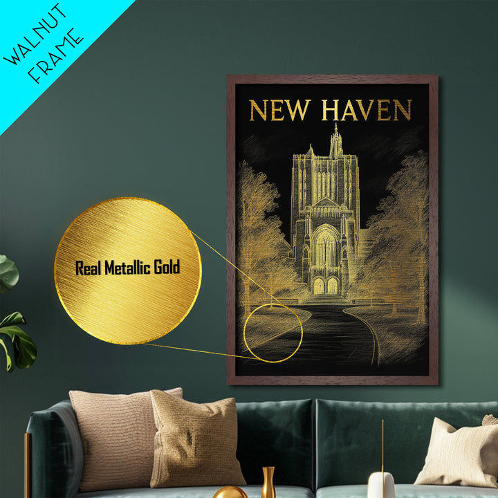 New Haven Connecticut art, Metallic Gold Art, Housewarming Gift, Metal Art, Wood Framed Art, Newlywed Travel Gift, Honeymoon Gift