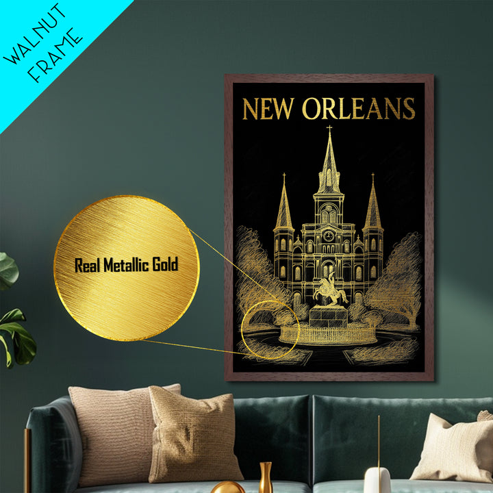 New Orleans Louisiana art, Metallic Gold Art, Office Decor, Metal Art, Wood Framed Art, Graduation Travel Gift, Destination Gift