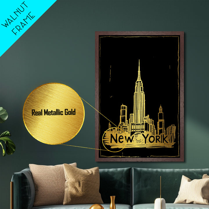 New York New York art, Metallic Gold Art, Modern House Art, Metal Art, Wood Framed Art, Graduation Travel Gift, Travel Gift