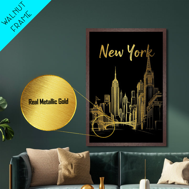 New York New York art, Metallic Gold Art, Housewarming Gift, Metal Art, Wood Framed Art, Newlywed Travel Gift, Honeymoon Gift