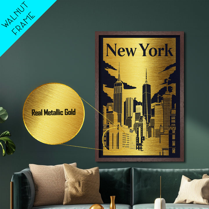 New York New York travel, Metallic Gold Print, Closing Gift, Metal Art, Wood Framed Art, Anniversary Travel Gift, Retirement Travel Gift