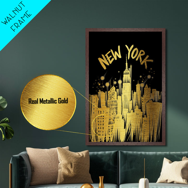 New York New York art, Metallic Gold Art, Office Decor, Metal Art, Wood Framed Art, Graduation Travel Gift, Destination Gift