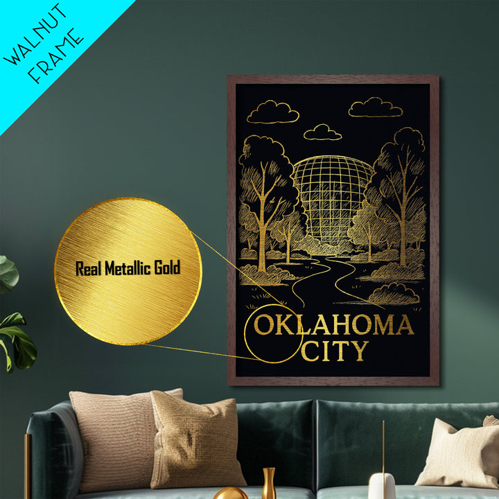 Oklahoma City Oklahoma art, metallic gold, wood framed art, white and gold, Metal Art, Office Decor, Metallic Gold Art
