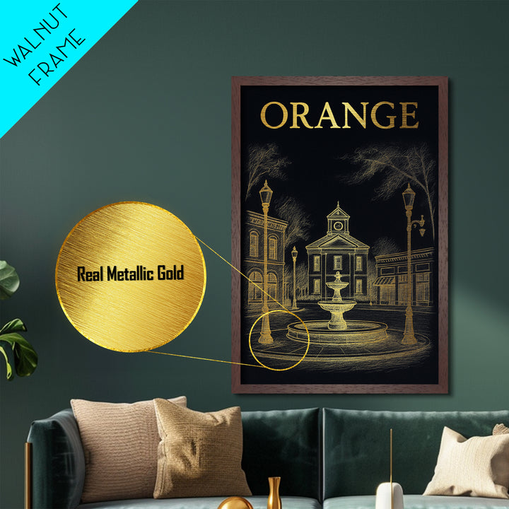 Orange California travel, Metallic Gold Print, Modern Skyline Wall Print, Metal Art, Wood Framed Art, Adventure Lover Gift, Travel Gift
