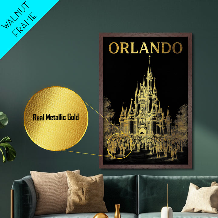 Orlando Florida travel, Metallic Gold Print, Closing Gift, Metal Art, Wood Framed Art, Anniversary Travel Gift, Retirement Travel Gift